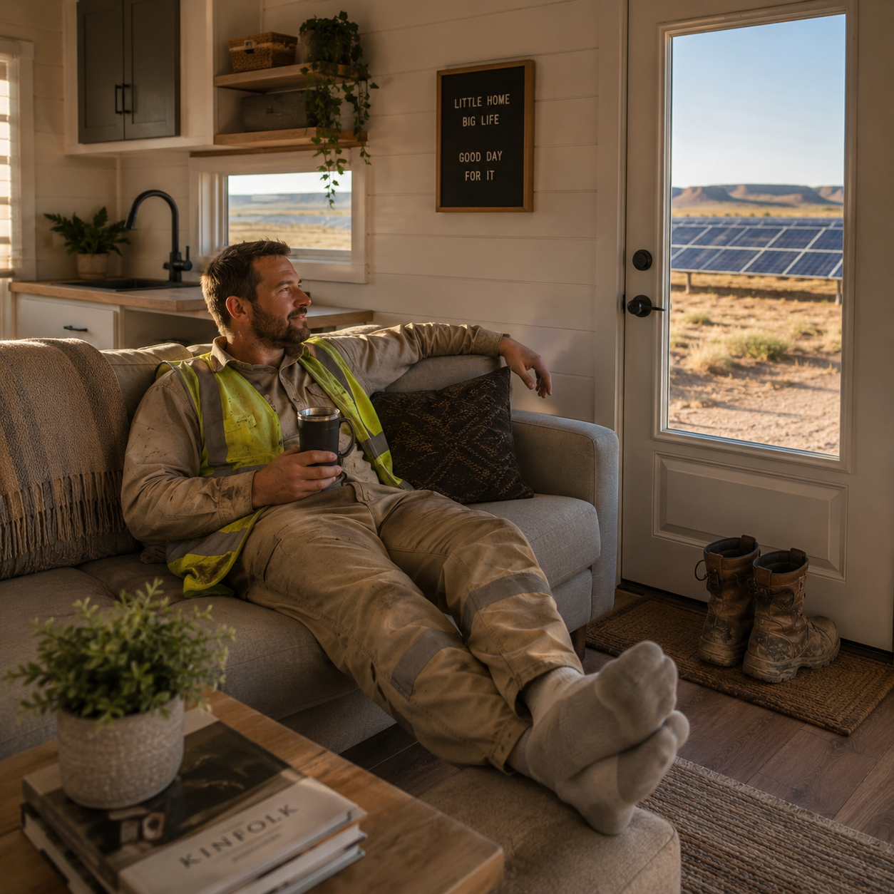 Worker relaxing in a clean, comfortable tiny home in the Northwest Texas area