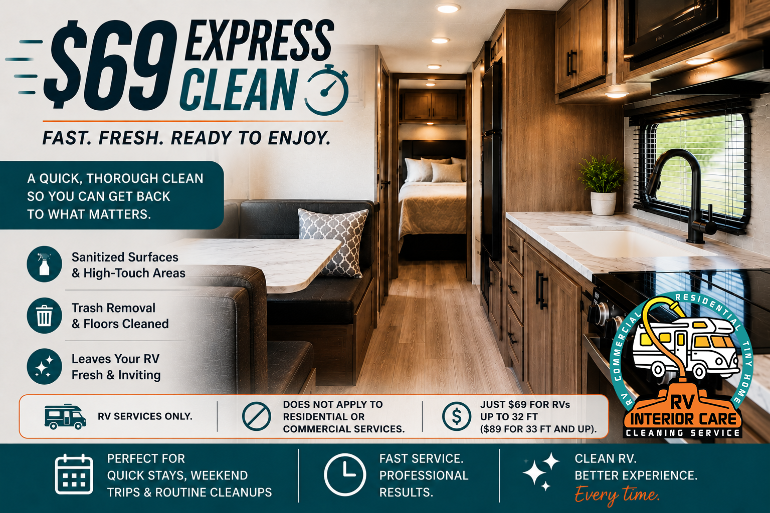 $69 Express Clean — fast, fresh, ready to enjoy. See our RV cleaning services.