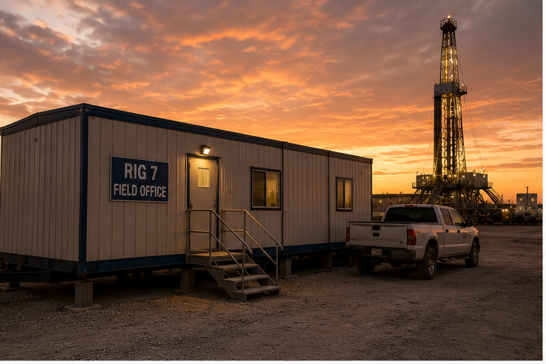 Oilfield rig field office at sunset in Northwest Texas