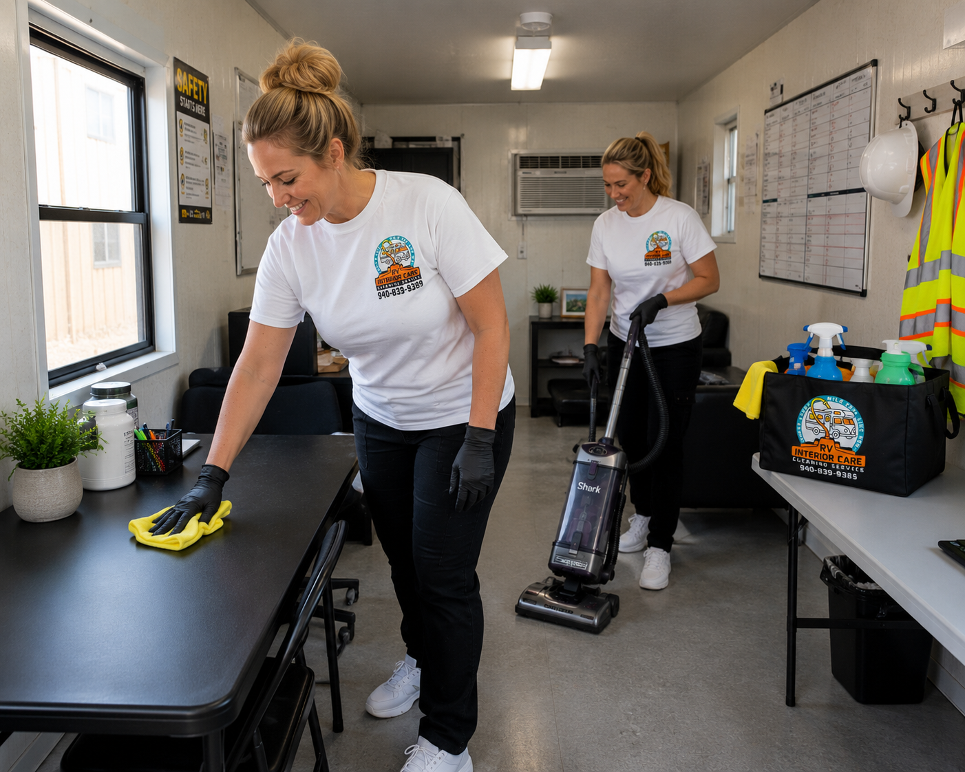 RV Interior Care team cleaning a field office for a remote jobsite in Northwest Texas