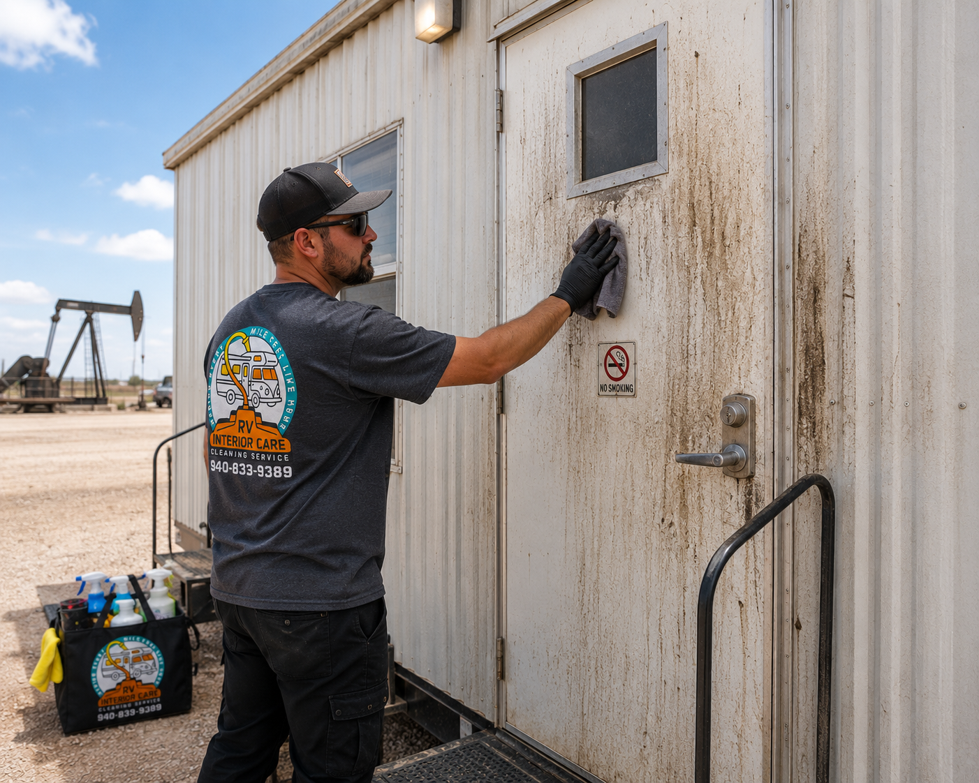 RV Interior Care team member cleaning a jobsite field trailer in Northwest Texas