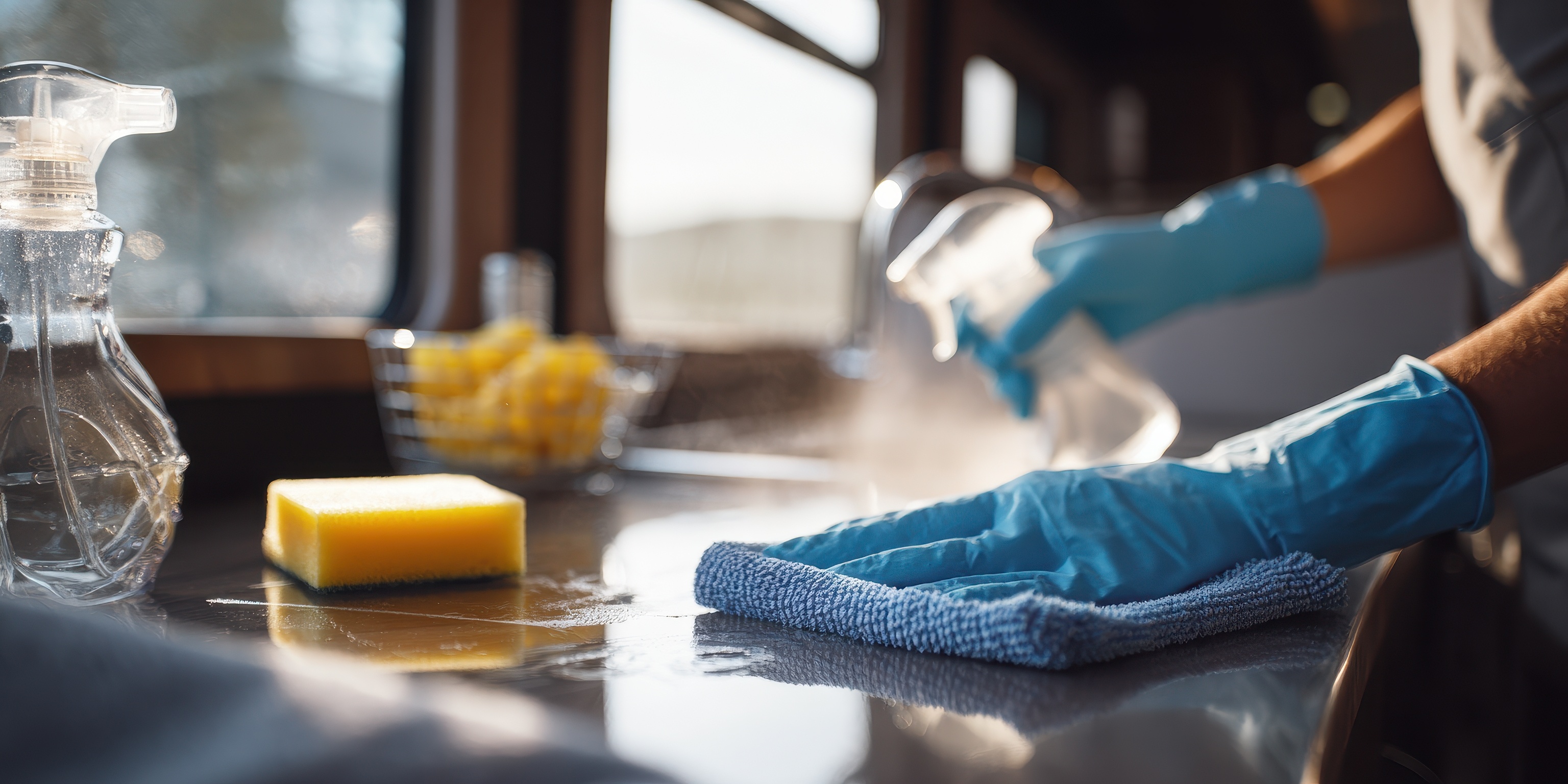 Sanitizing RV kitchen counters during a clean