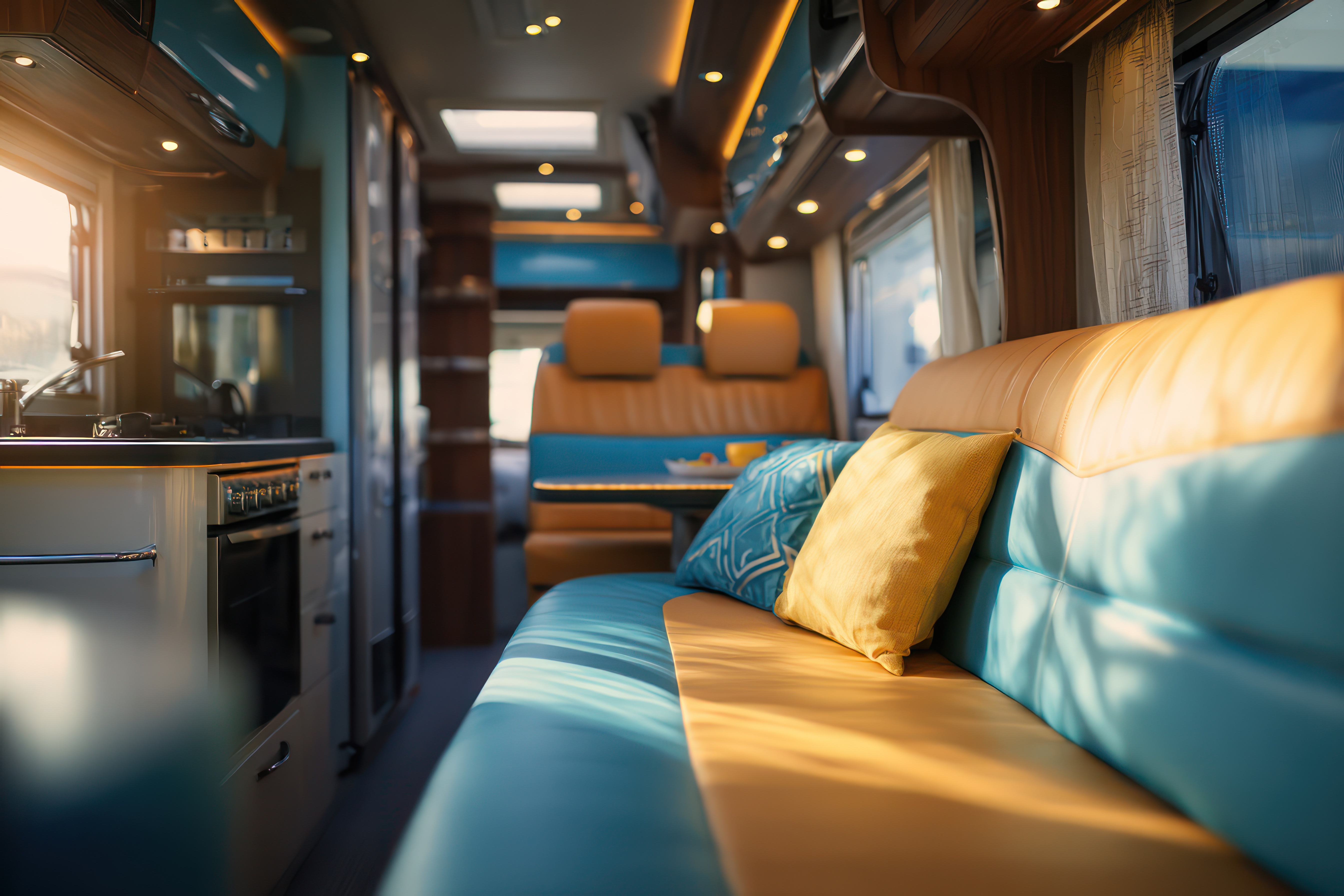 Clean, cozy RV interior at sunset