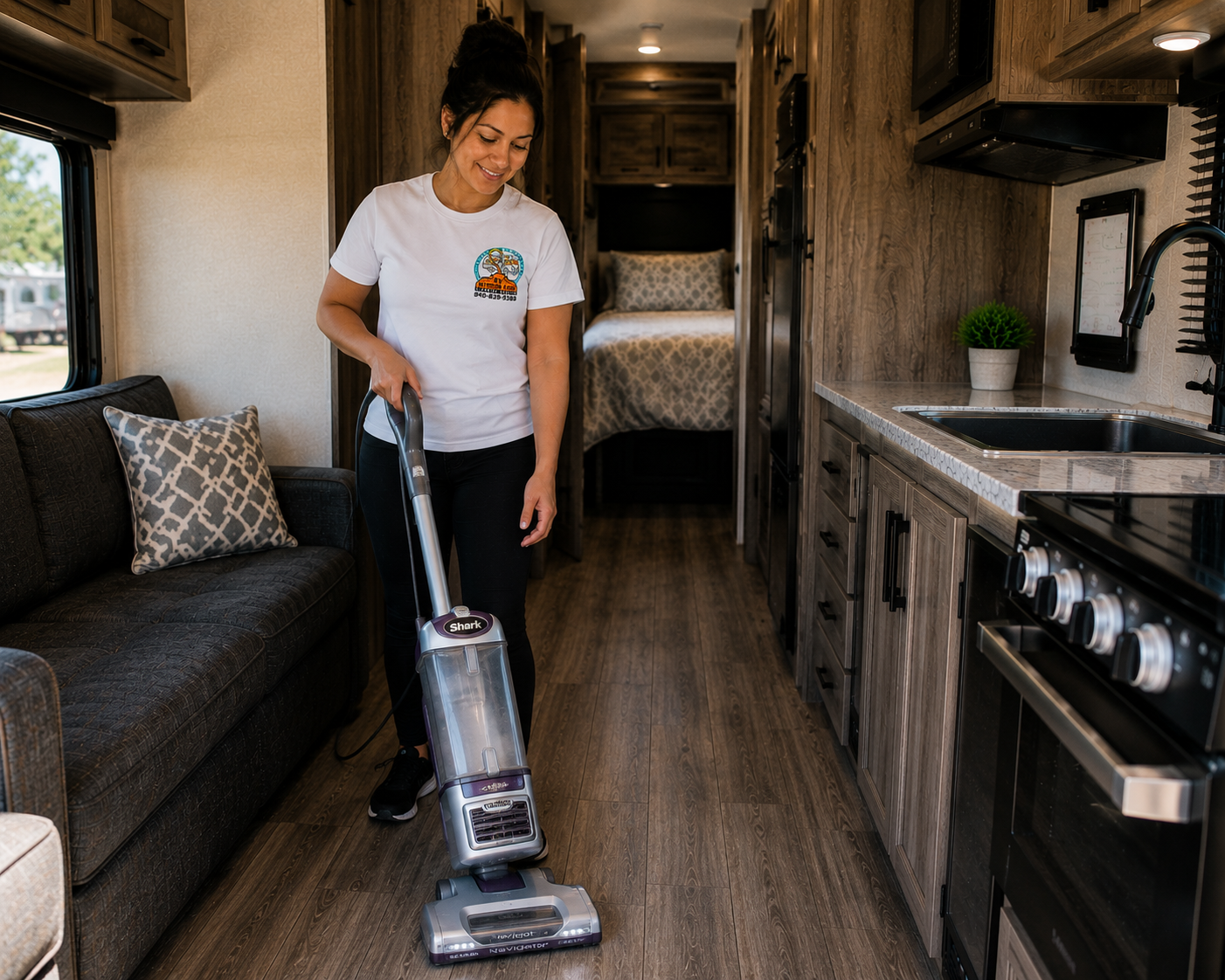RV Interior Care crew member vacuuming an RV interior in Quanah, Northwest Texas