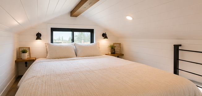 Clean tiny home loft bedroom